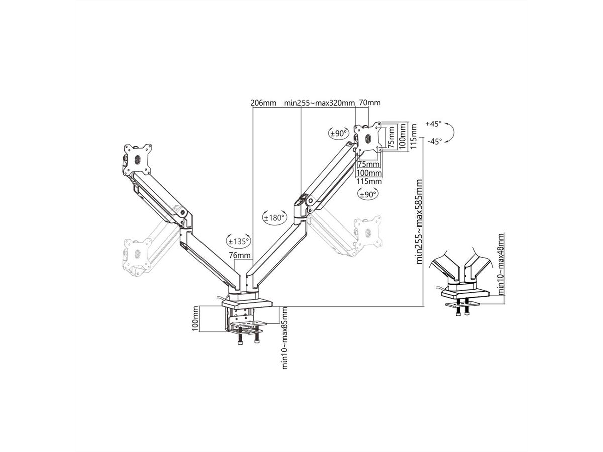 ROLINE LCD-Doppelarm, Tischmontage, Gasfeder, je 5 Gelenke, bis 35 Zoll, bis 2x 15 kg