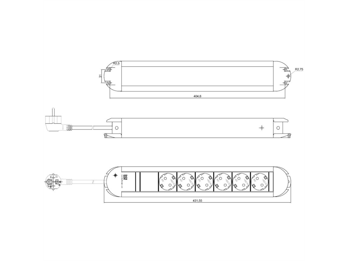 BACHMANN PRIMO Bâti de prises 6x contact de protection, aluminium, 1,75 m