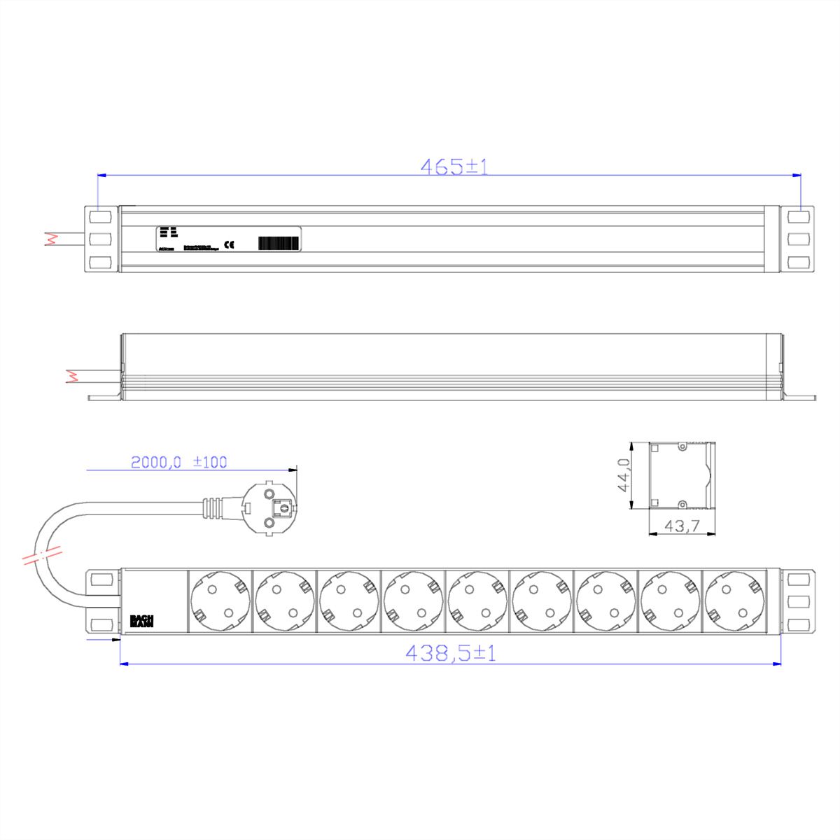 BACHMANN Bâti de prises 19" 9x, sans interrupteur, argent