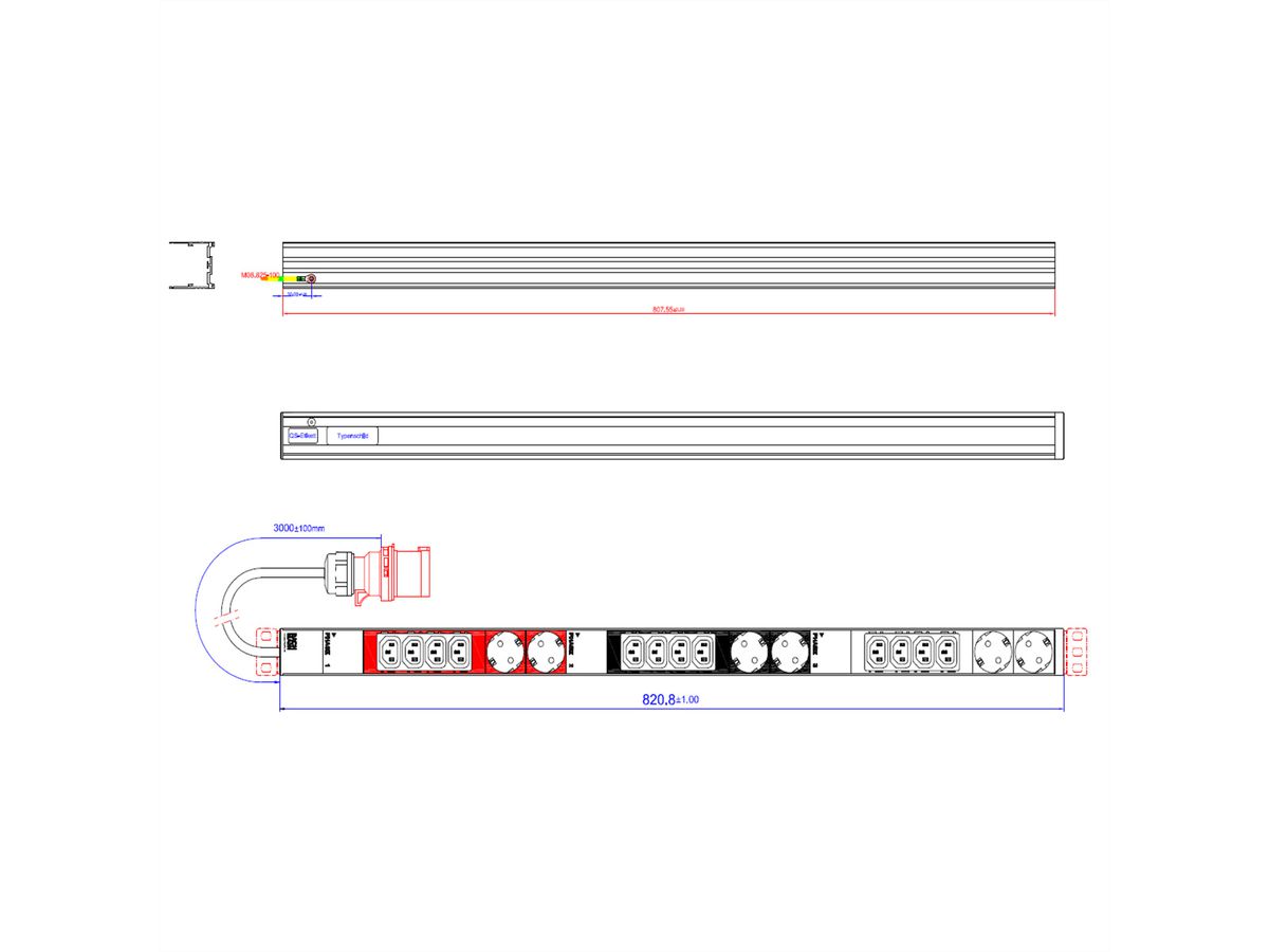 BACHMANN IT PDU ALU 0UH 12x C13 6x contact de protection 3x 16A CEE rouge