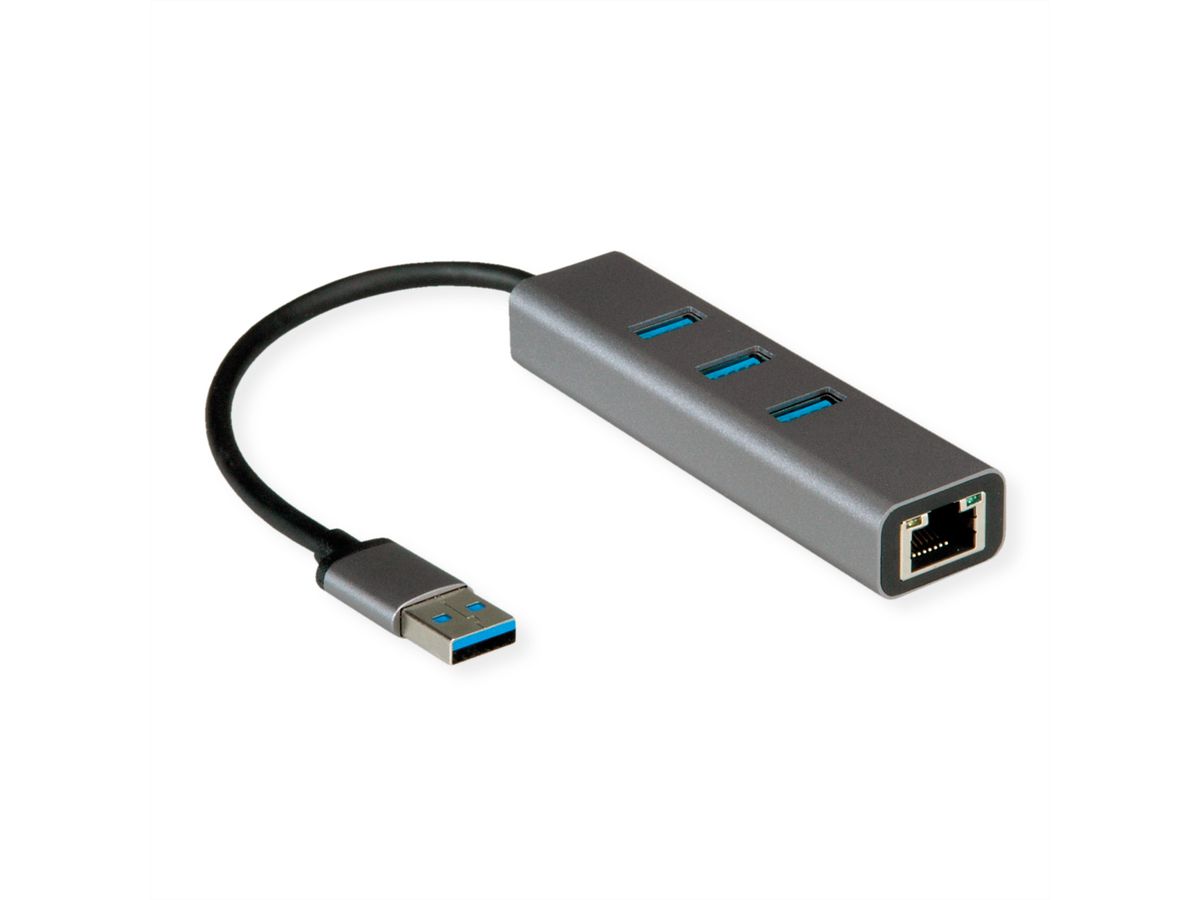 ROLINE Convertisseur USB 3.2 Gen 1 - Gigabit Ethernet + Hub 3 ports
