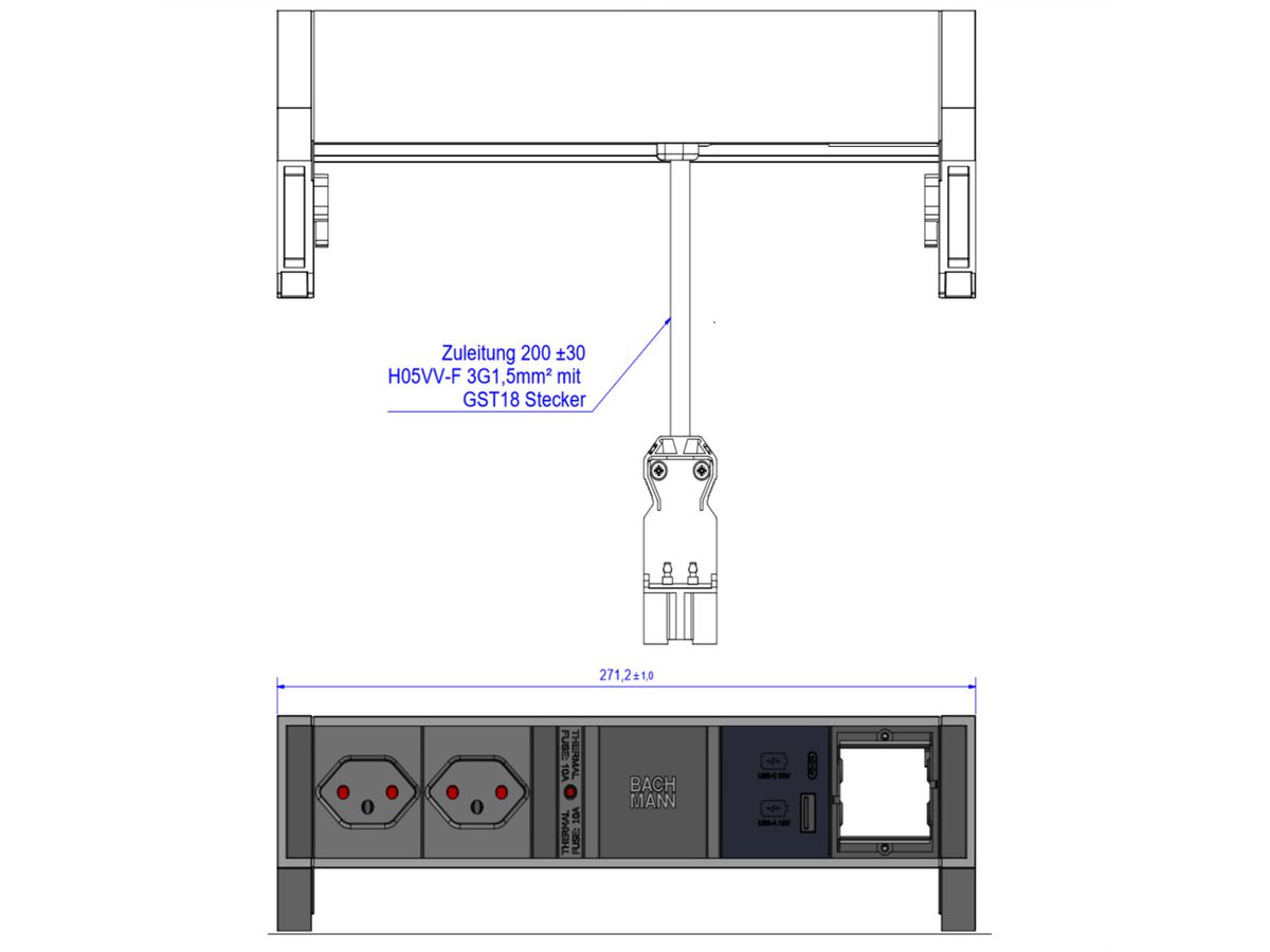 BACHMANN DESK2 2xCH 1xUSB A/C 22W 1xCM, 0,2m GST18 RAL9010 Schweiz
