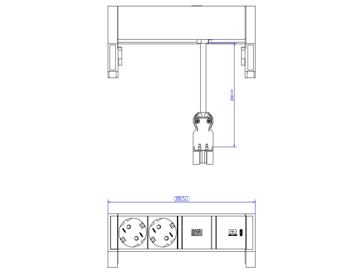 BACHMANN DESK2 2xSchutzkontakt USB C, USB Charger 30W 0,2m GST18 INOX