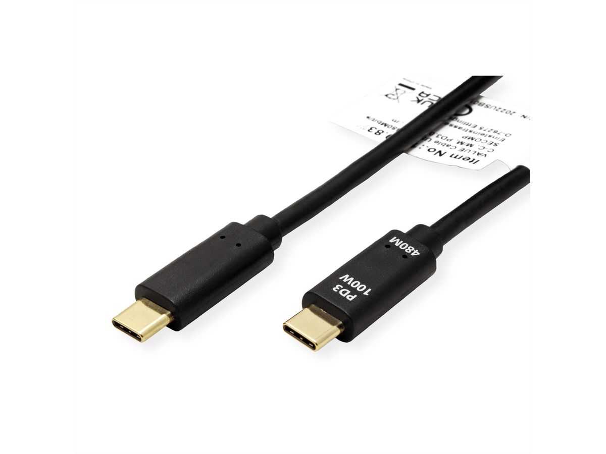 VALUE Câble USB 2.0, C–C, M/M, 100W, noir, 1 m