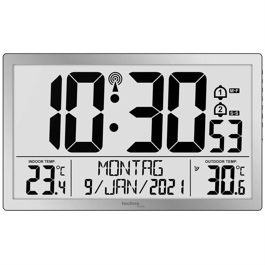 Horloge murale numérique Technoline WS 8113, radio, température intérieure/extérieure, noire, capteur extérieur inclus, argent