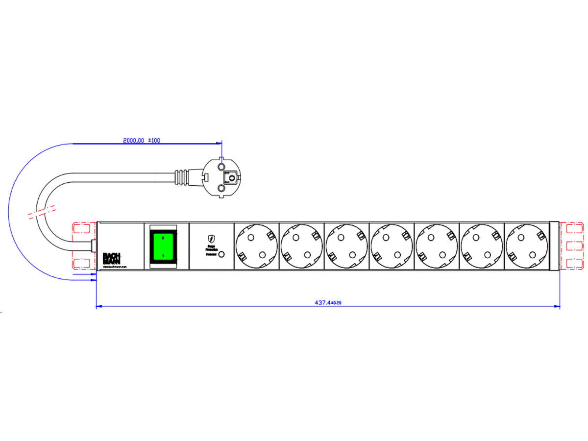 BACHMANN 19" 1UH 7xCEE7/3 1xSPD-Plus 1xcommutateur 2,0m CEE7/7