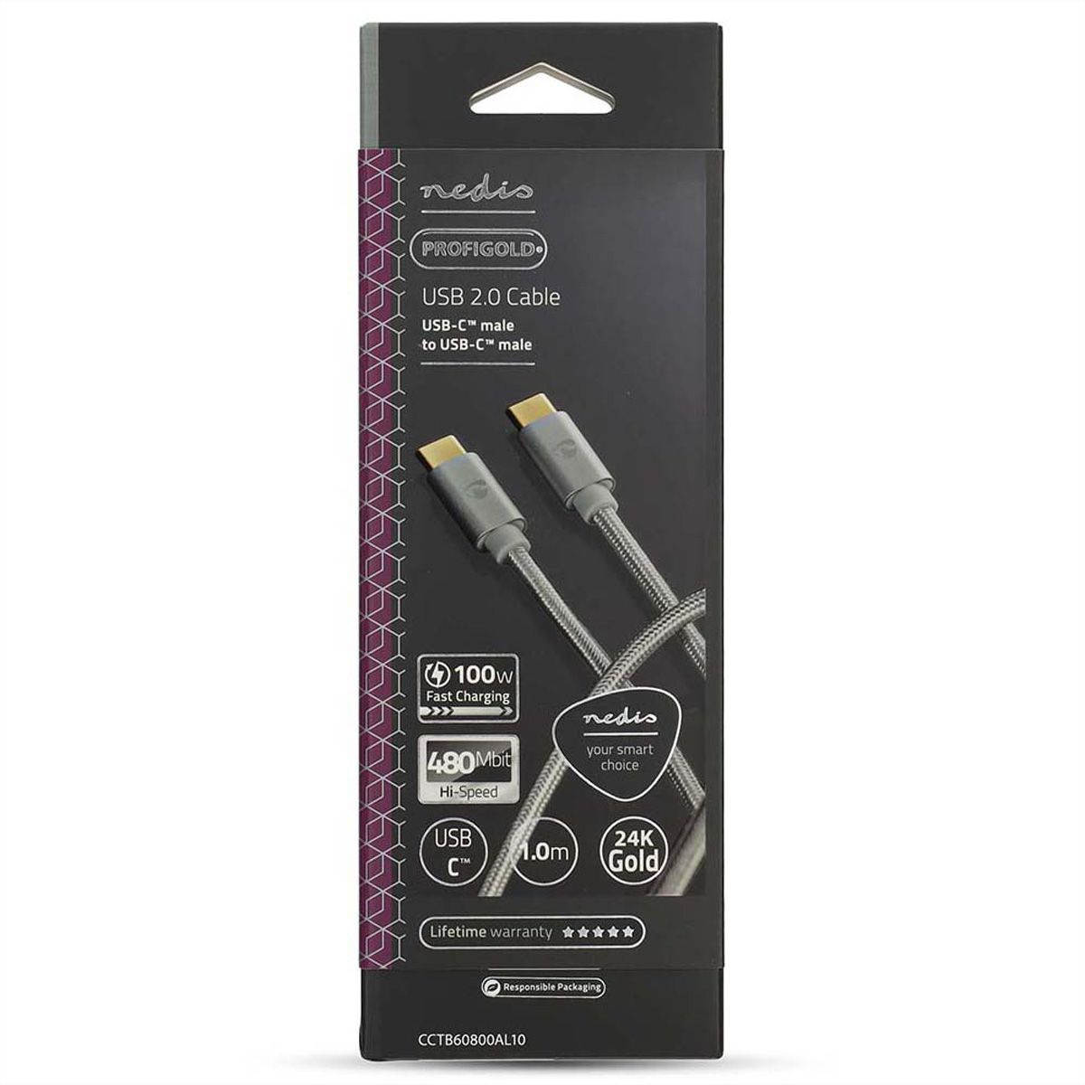 Nedis USB 2.0 Kabel, Typ C-C, ST/ST, 100W, silber, 1m