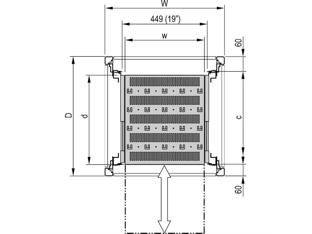 SCHROFF 19''- / Gestell- Fachboden ausziehbar, volle Tiefe - 19"FA AUS 2HE C=500 VOL 7021