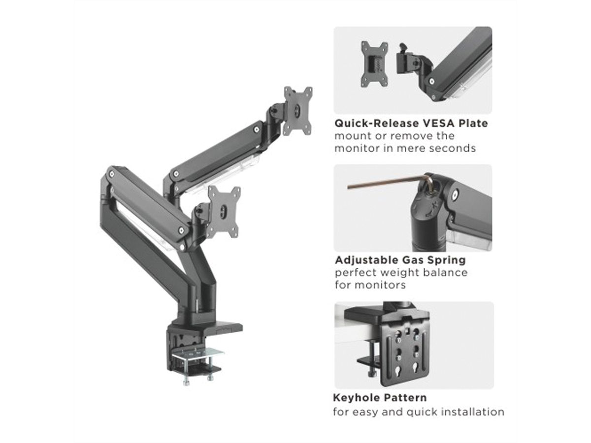 ROLINE LCD-Doppelarm, Tischmontage, Gasfeder, je 5 Gelenke, bis 35 Zoll, bis 2x 15 kg