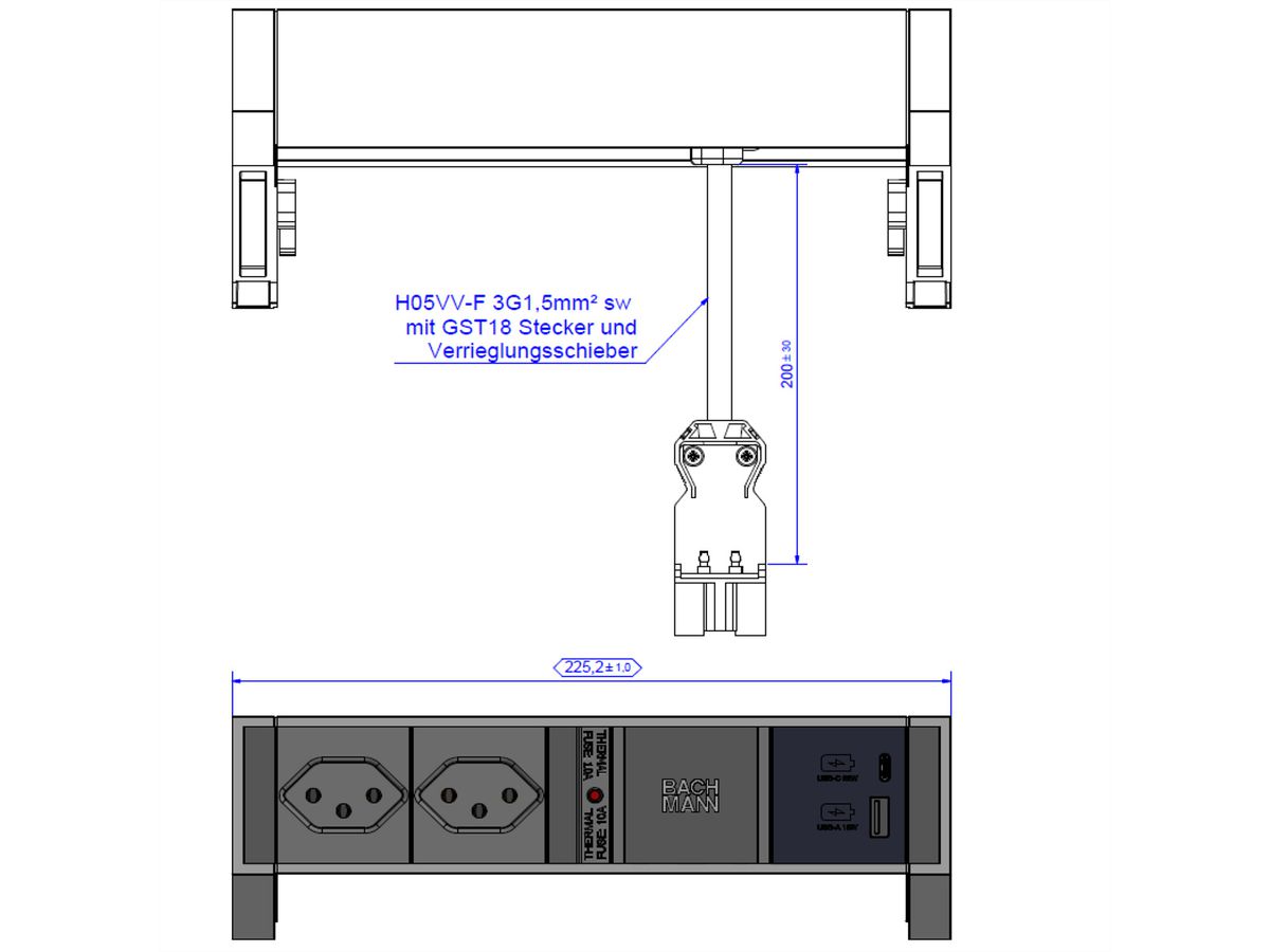 BACHMANN DESK2 2xCH 90° 1xUSB A/C 22W, 0,2m GST18 RAL9005 Schweiz