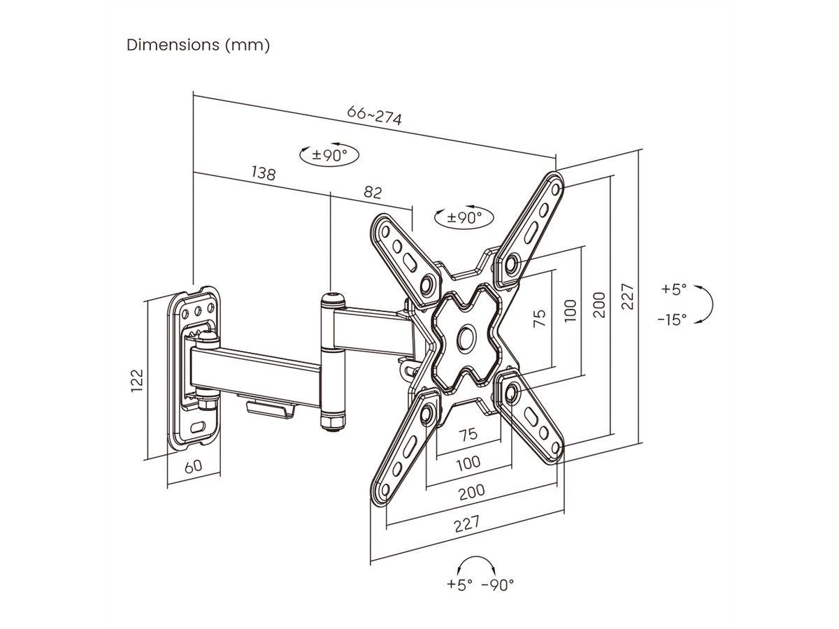 VALUE TV-Wandhalterung, 3 Drehpunkte, 13-43 Zoll, bis 20 kg
