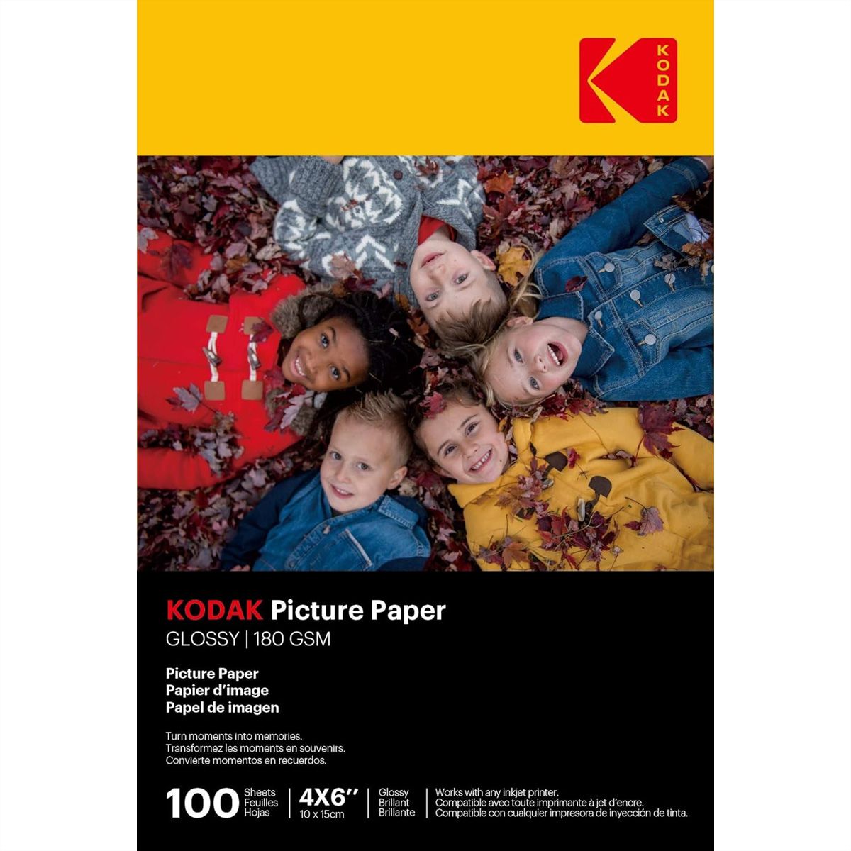 Papier photo Kodak - 100 feuilles A6, 180g/m2, 10cm x 15cm, haute brillance