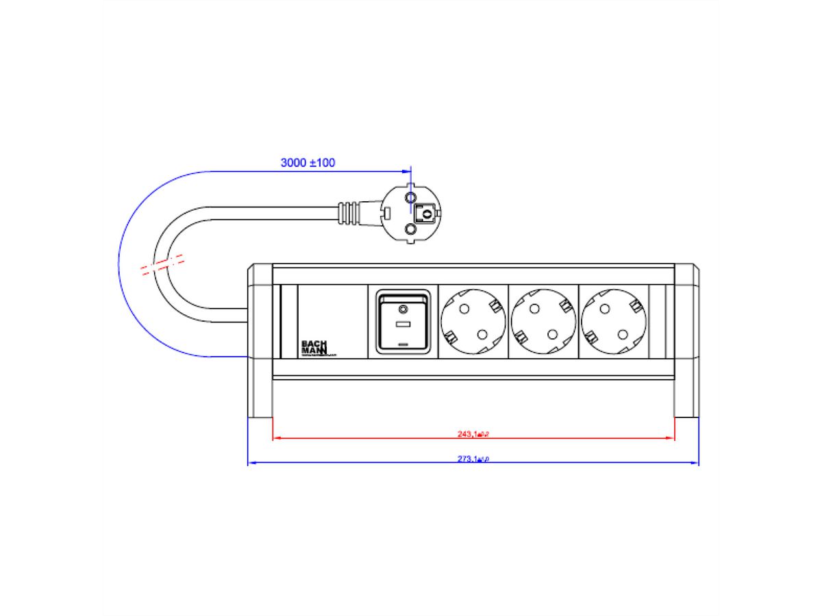 BACHMANN 3x2P+T allemand, interrupteur, 3 m