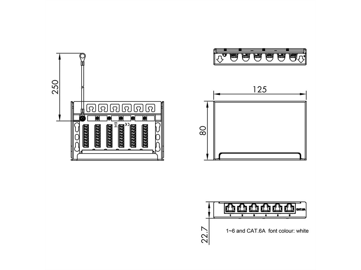 ROLINE Mini-Patchpanel, Cat.6A (Class EA), 6x RJ45, 0,5HE, geschirmt, schwarz