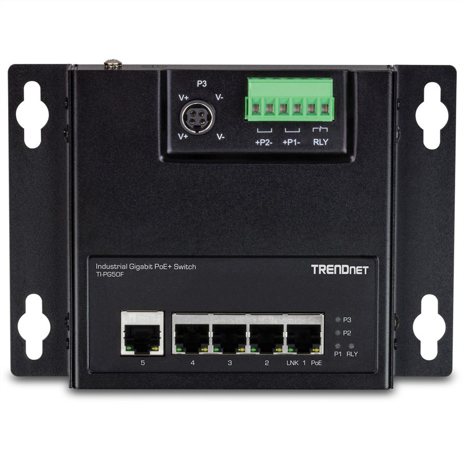 TRENDnet TI-PG50F 5-Port Industrial PoE+ Gigabit Front Access Switch, wandmontierbar