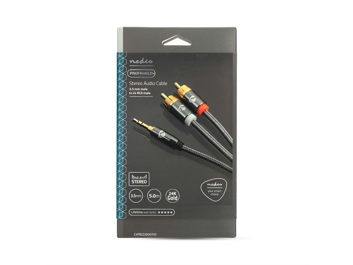 Câble audio stéréo Nedis, 1x jack ST, 2x RCA ST, gris, 5 m