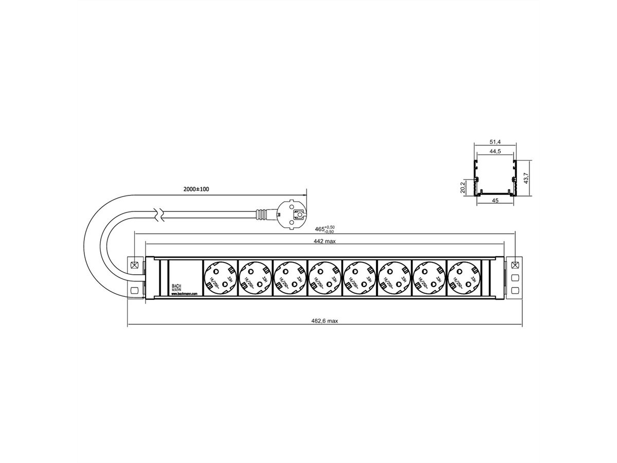 BACHMANN 19" 1,5UH 8xCEE7/3 ws courant 2,0m CEE7/7