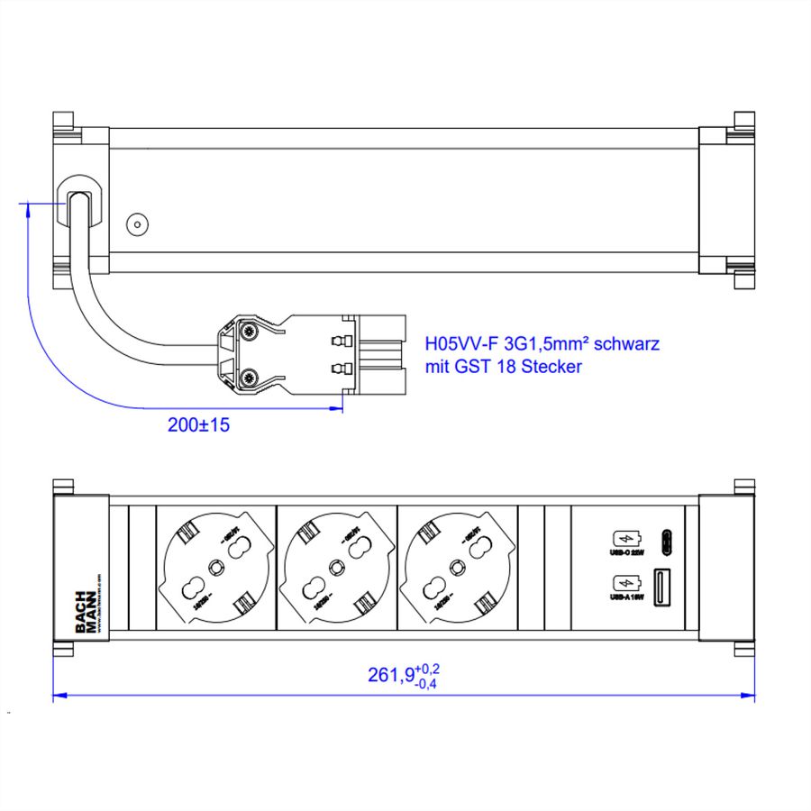 BACHMANN POWER FRAME M 3xP40, 1xUSB A&C 22W 0,2m GST18 Italia
