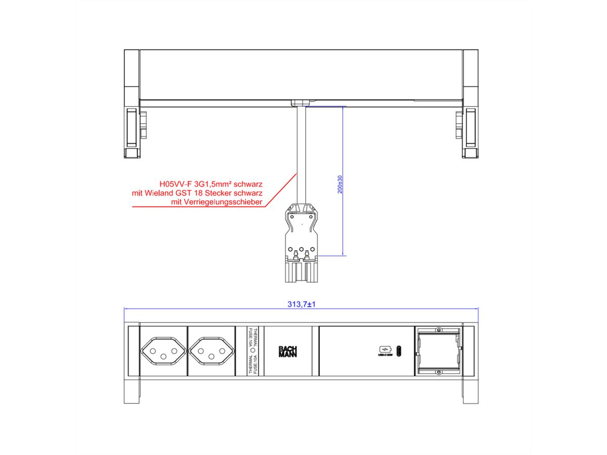 BACHMANN DESK2 2xCH 1xUSB C 60W 1xCM, 0,2m GST18 INOX Schweiz