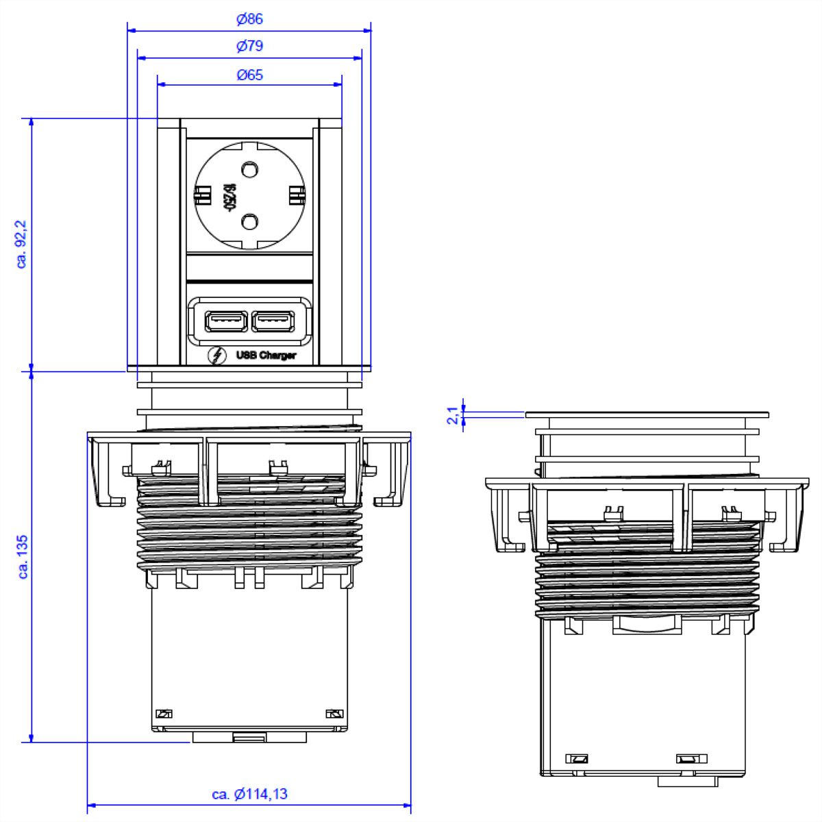 BACHMANN ELEVATOR 1xCEE7/3 1xUSB Charger 2,0m AEH RAL9005