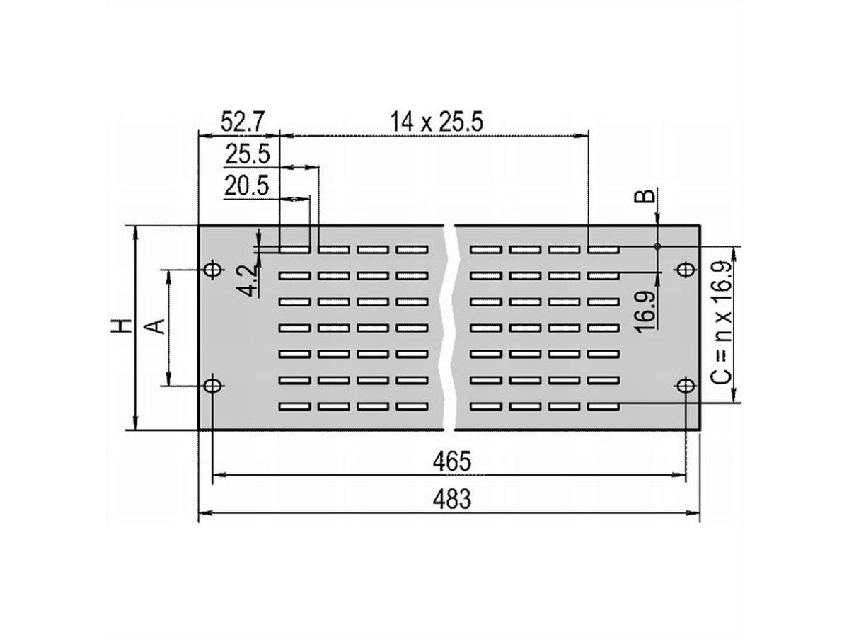 SCHROFF Face avant 19", ventilée, 1 U, 2,5 mm, alu, anodisé