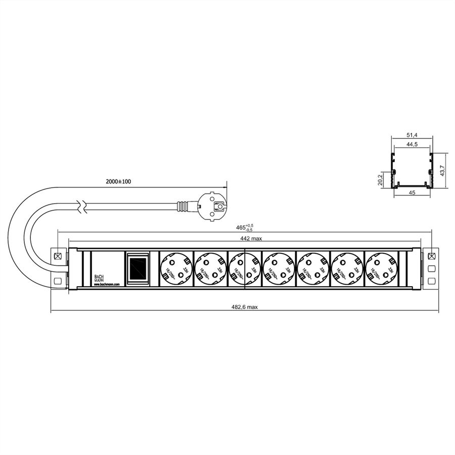 BACHMANN 19" 1,5UH 7xCEE7/3 1xcommutateur courant 2,0m CEE7/7