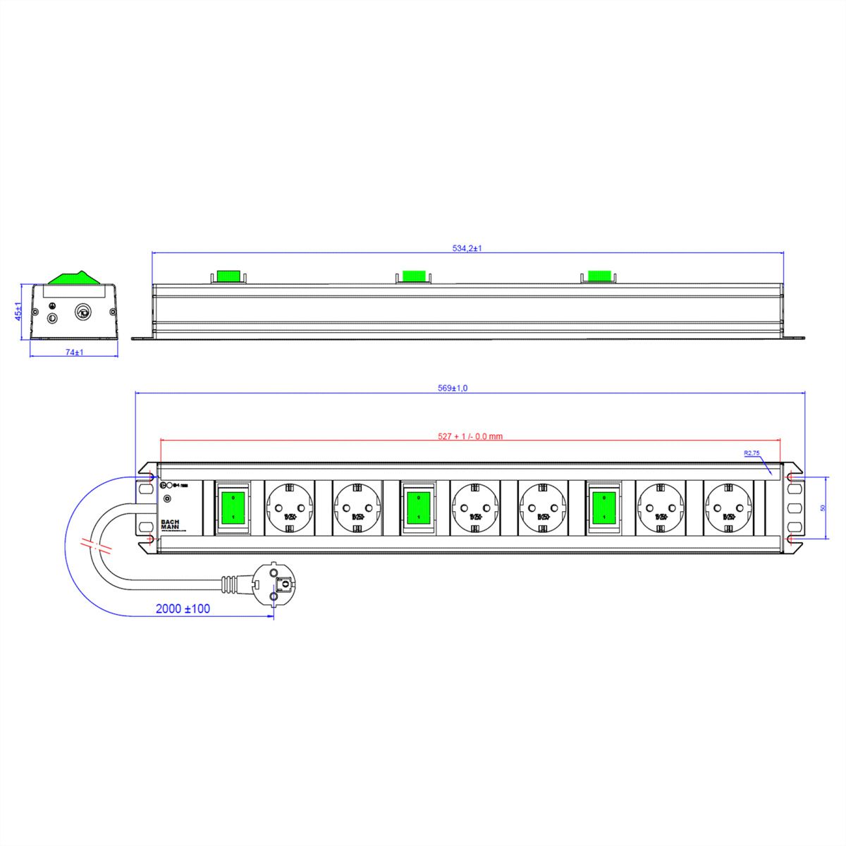 BACHMANN Multiprise 6x contact de protection 3x interrupteur, 2 m