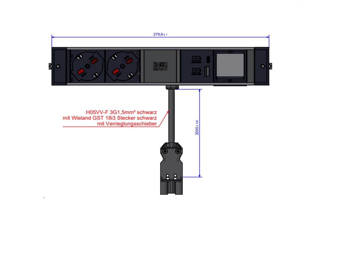 BACHMANN DESK RAIL 2xP40 1xUSB A&C 22W, 1xCM 2,0m GST18 Italia