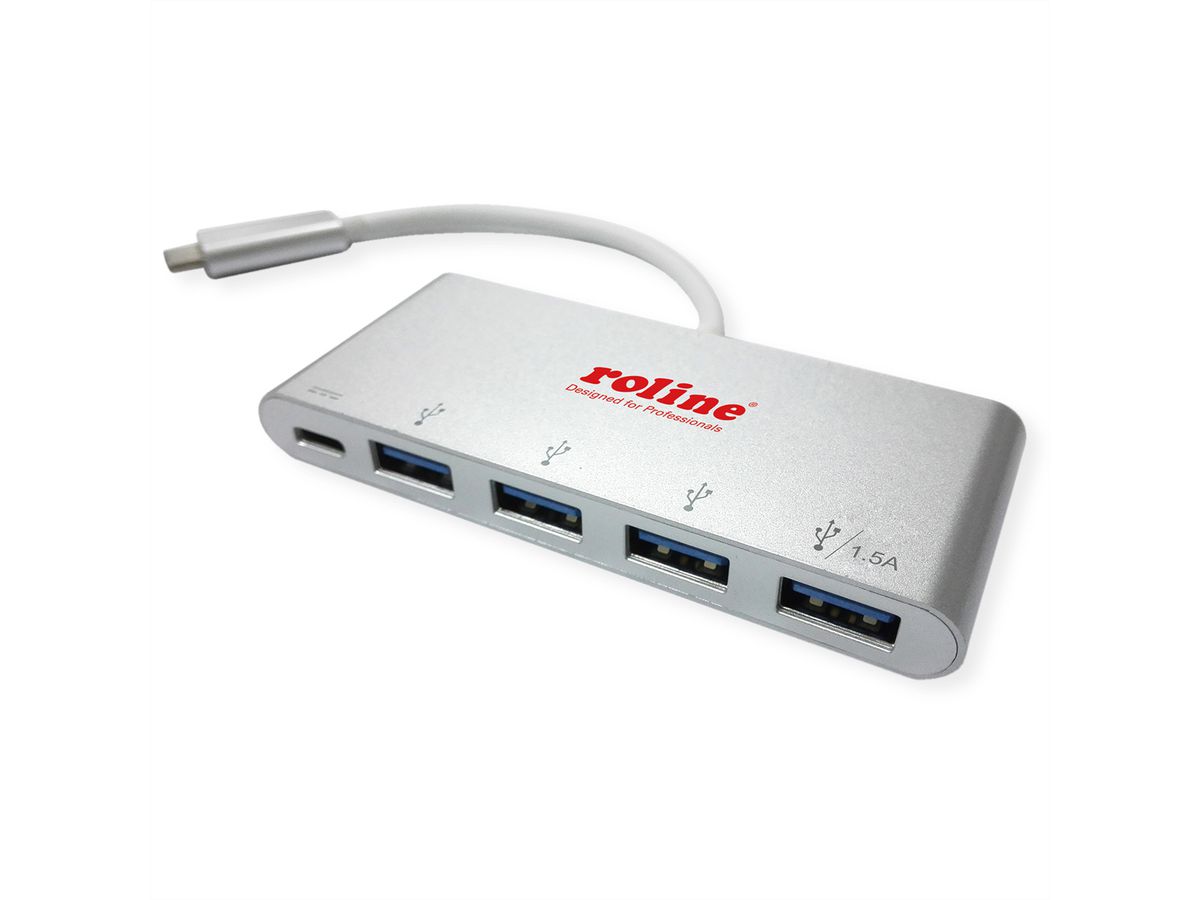 ROLINE USB 3.2 Gen 1 Hub, 4fach, Typ C Anschlusskabel, mit 1 PD-Port