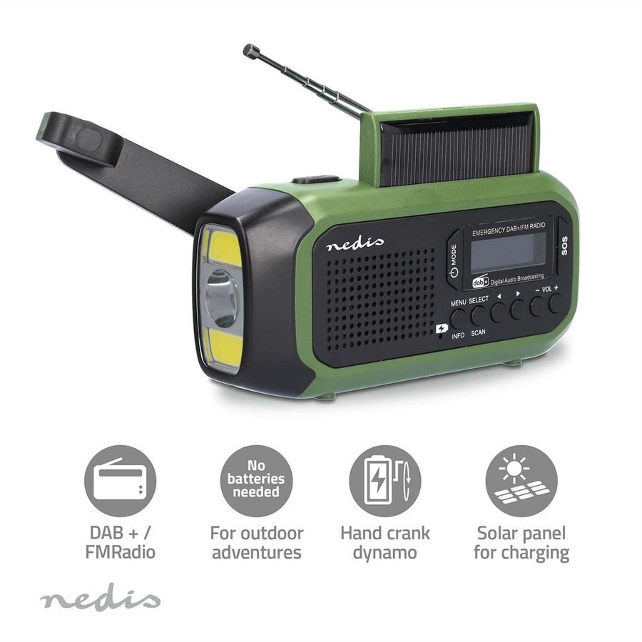 Nedis radio d'urgence DAB+/FM vert/noir, Alimentation solaire