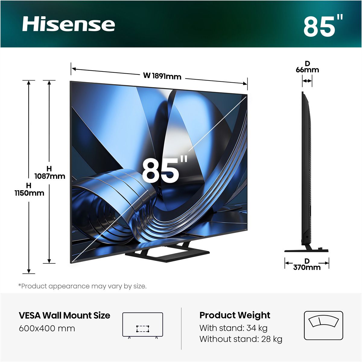 Hisense TV 85U7DSE 85", Mini-LED 4K, 144Hz, 1300 Nits