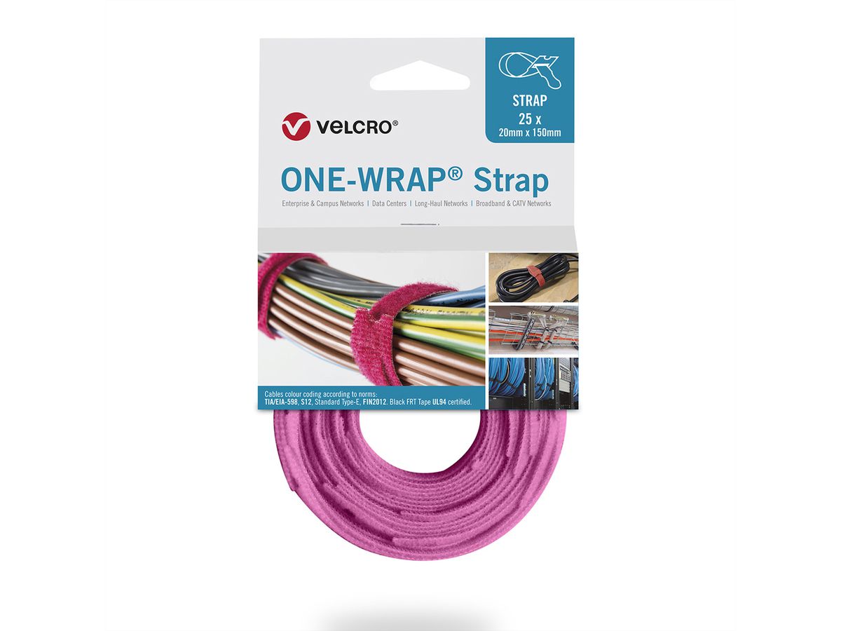 VELCRO® One Wrap® Strap 20mm x 330mm, 25 pièces, rose