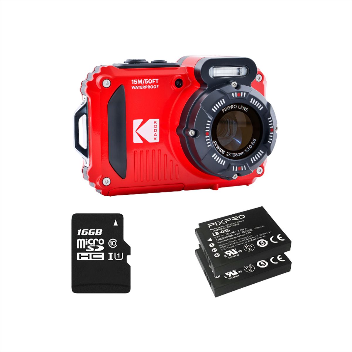Kodak Unterwasserkamera WPZ2RD Bundle, inkl. 2nd Batterie + micro 16Go SD card