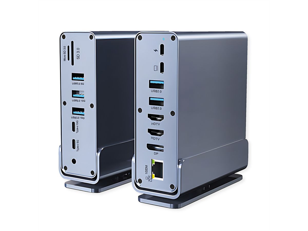 VALUE Station d'accueil USB type C 16 en 1, HDMI/DP 4K60, Gigabit Ethernet, USB-A, USB-C, PD, SD/microSD, Audio