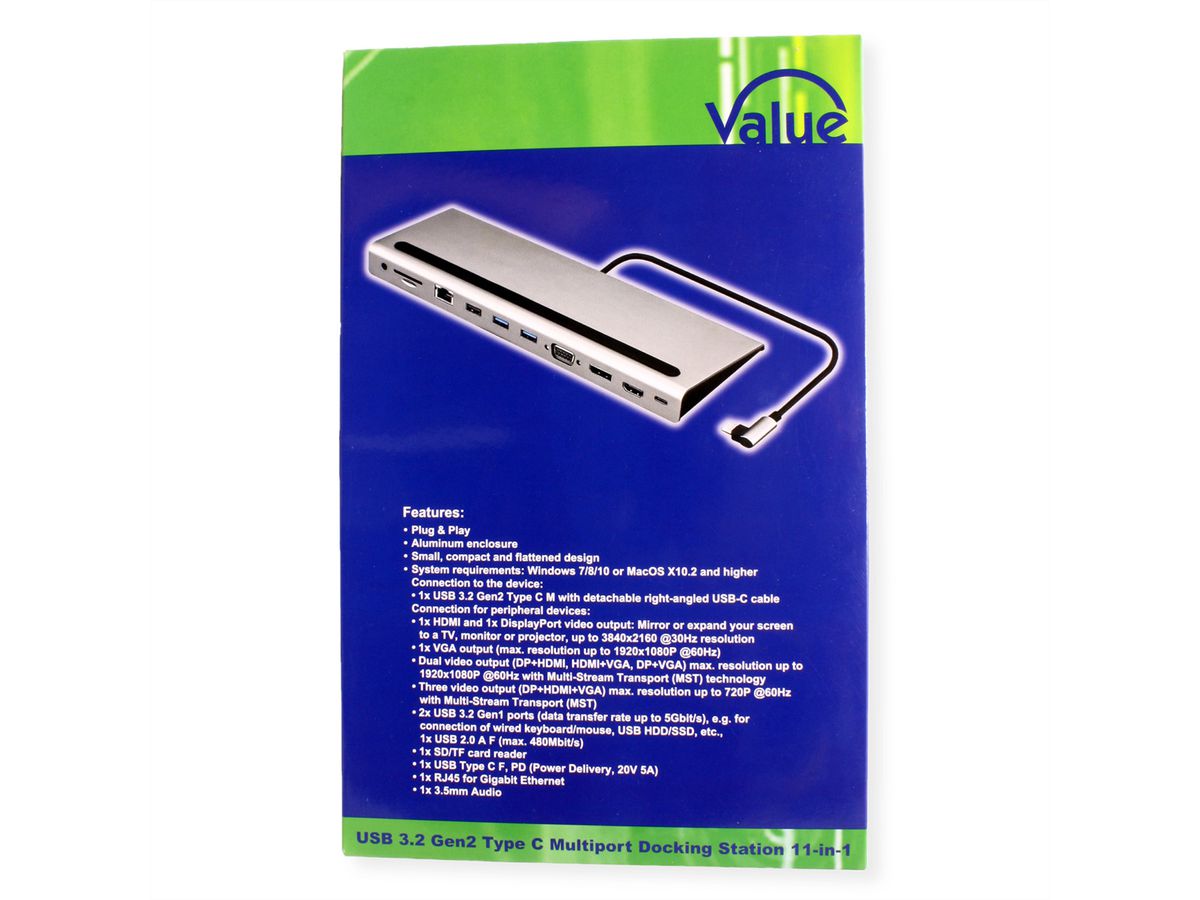 VALUE USB 3.2 Gen 2 Typ C Multiport Docking Station, 4K HDMI/DP, VGA, USB, Card Reader, PD, LAN, Audio