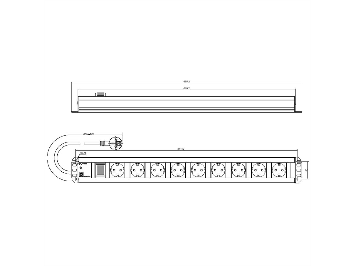 BACHMANN Multiprise 9x contact de protection, interrupteur, 2 m