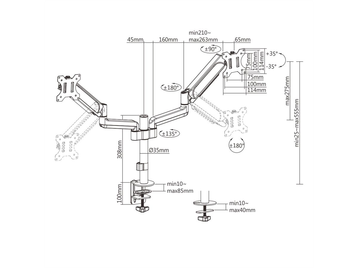 VALUE Dual LCD-Arm Trägerstange, 4 Gelenke, Tischmontage, bis 2x 9 kg