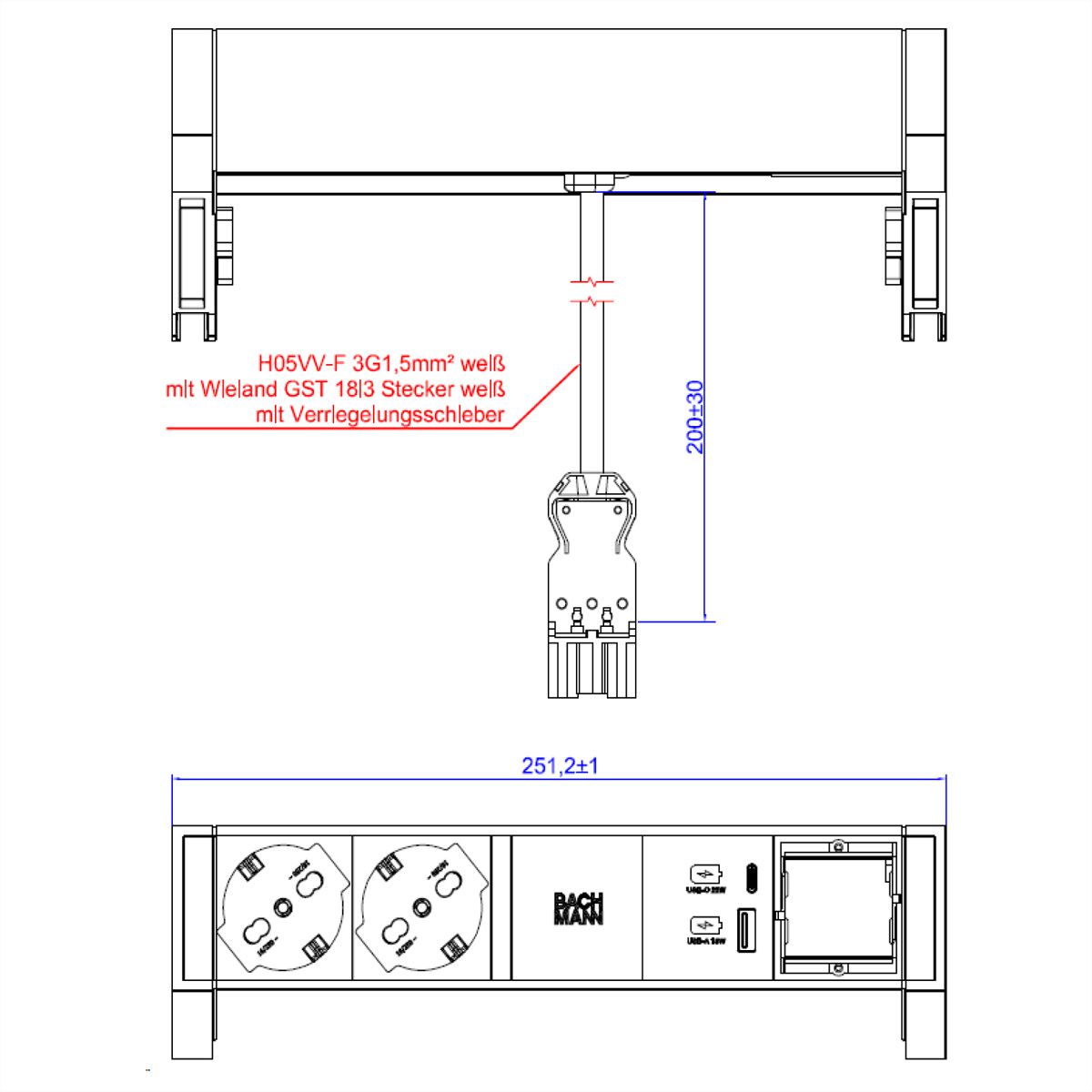 BACHMANN DESK2 white 2xP40 1xinterrupteur 1xUSB A/C 22W 1xCM 0,2m GST18