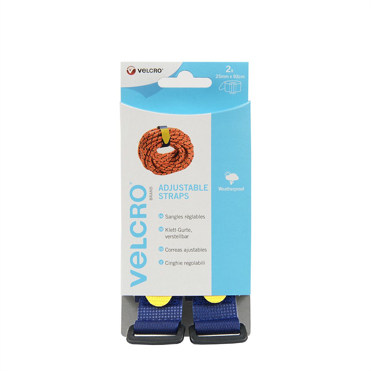 VELCRO® Sangle Everyday 25 mm x 92 cm, sangle crochets & velours ajustable, bleue, pack de 2