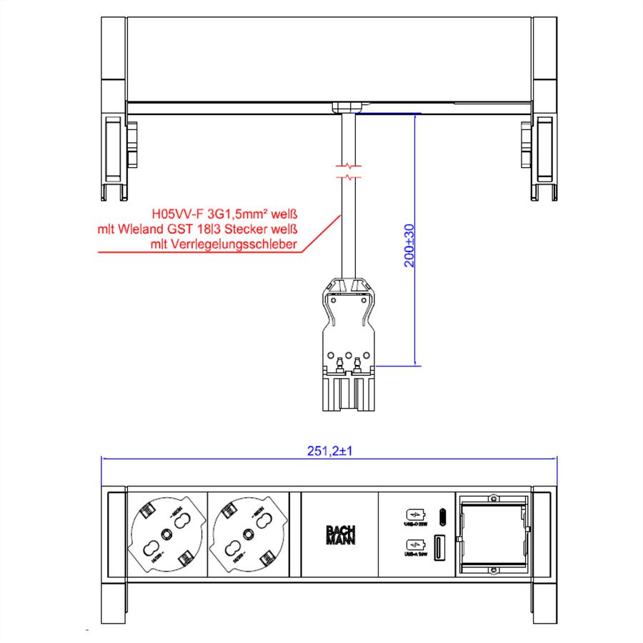 BACHMANN DESK2 white 2xP40 1xinterrupteur 1xUSB A/C 22W 1xCM 0,2m GST18