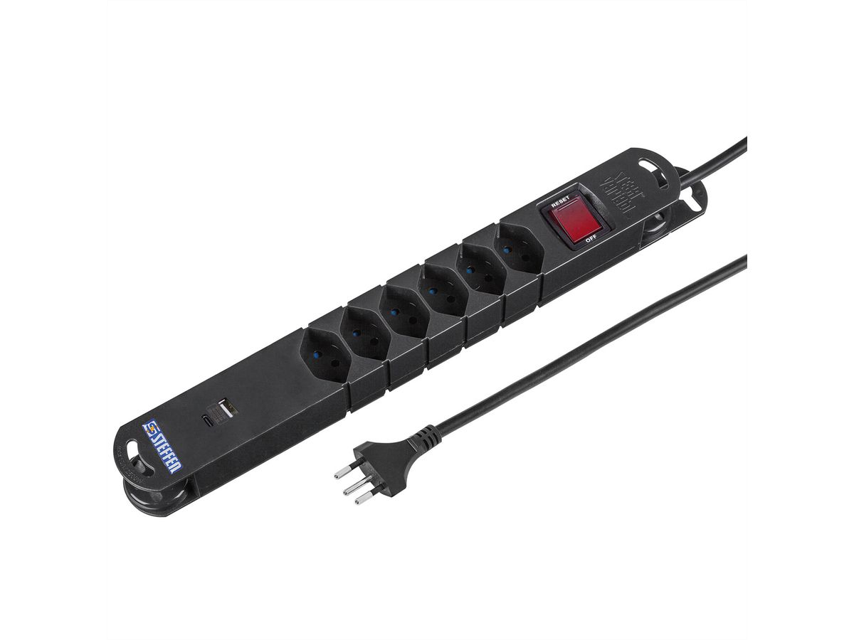 Steffen Steckdosenleiste Variabl 6fach, 1xUSB-A,1xUSB-C,mit schalter,schwarz, 3m