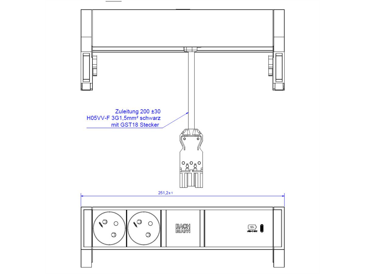BACHMANN DESK2 2xUTE 1xUSB C 60W 0,2m GST18 INOX
