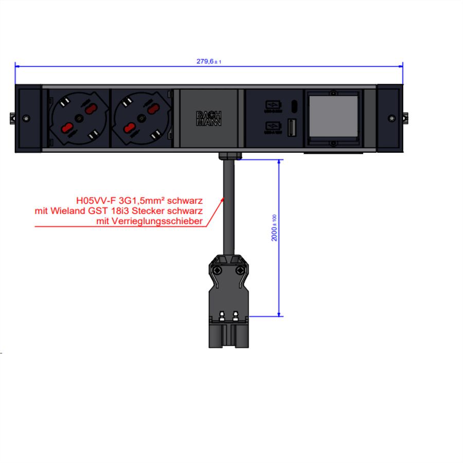 BACHMANN DESK RAIL 2xP40 1xUSB A&C 22W, ITALIE