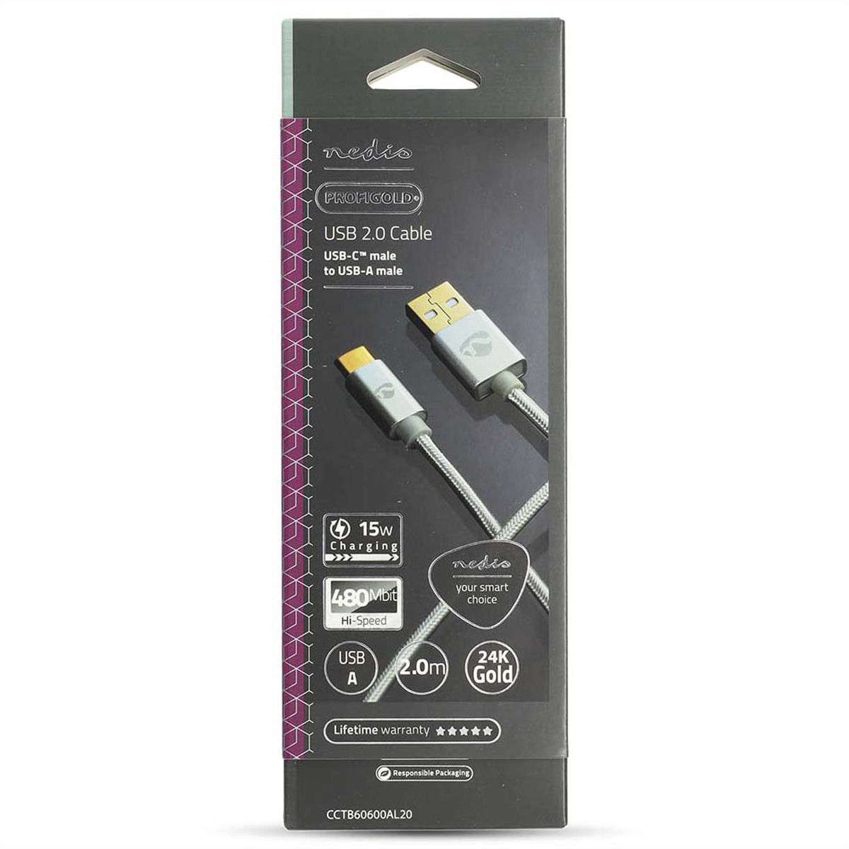 Nedis USB 2.0 Kabel, Typ C - Typ A, ST/ST, 15W, silber, 2m