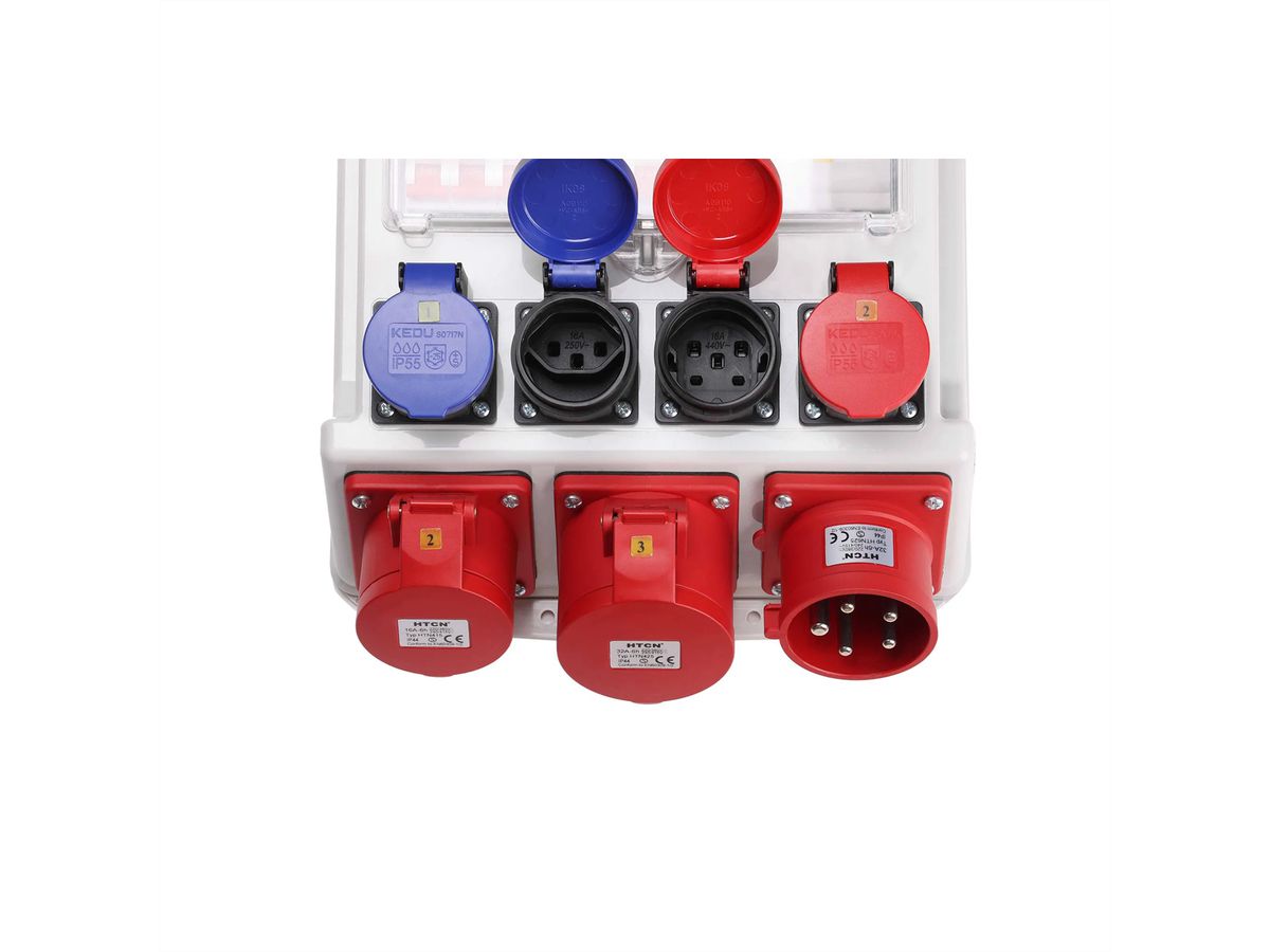 Stromverteiler 32A IP44/IP55 + FI Input , 1xCEE32/5 1xCEE16/5 2xT23 2xT25  , grau