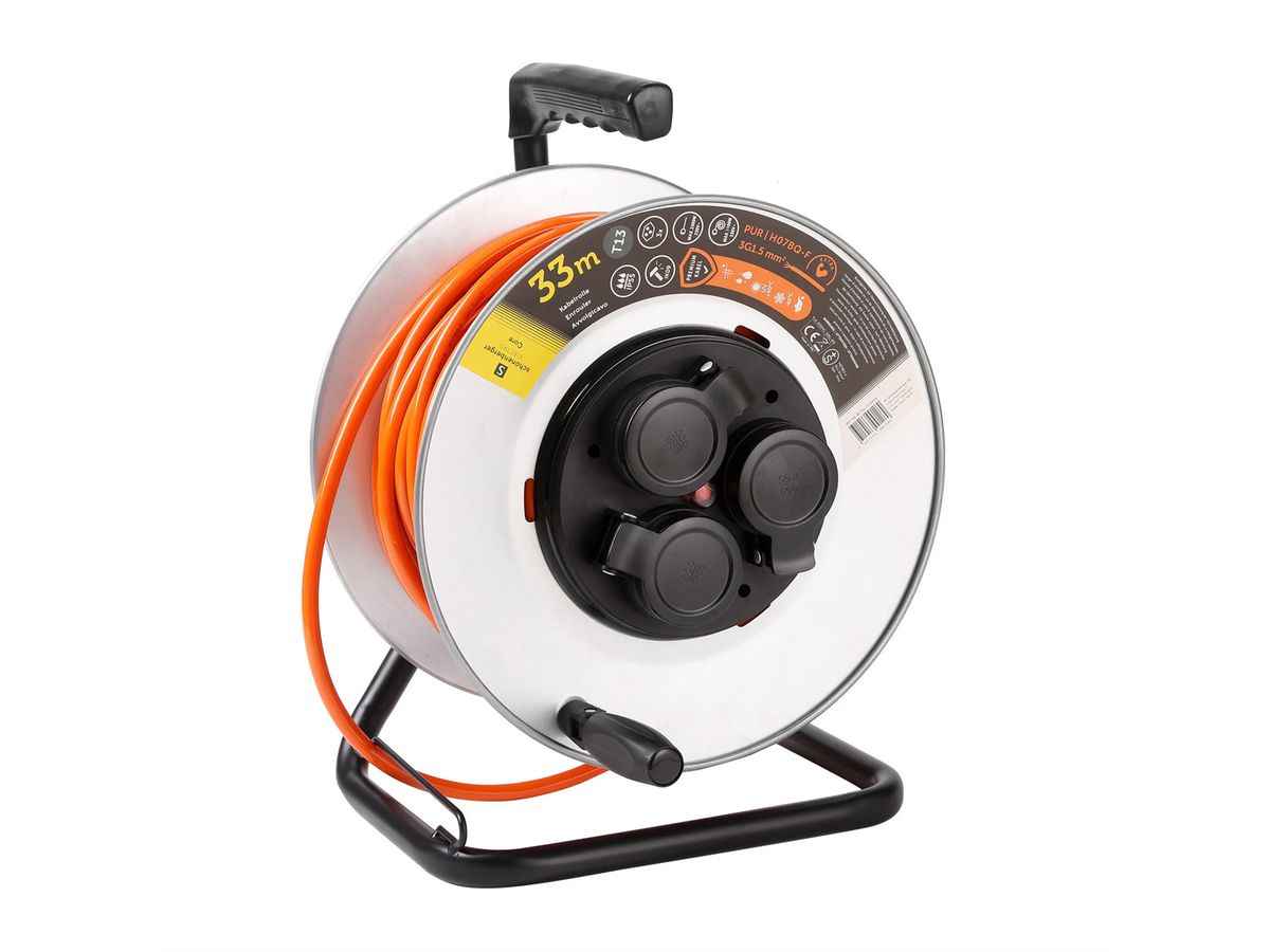 Kabelrolle Metall 3xT13, EPR-PUR H07BQ-F 3G1.5mm2,33m,IK09, orange