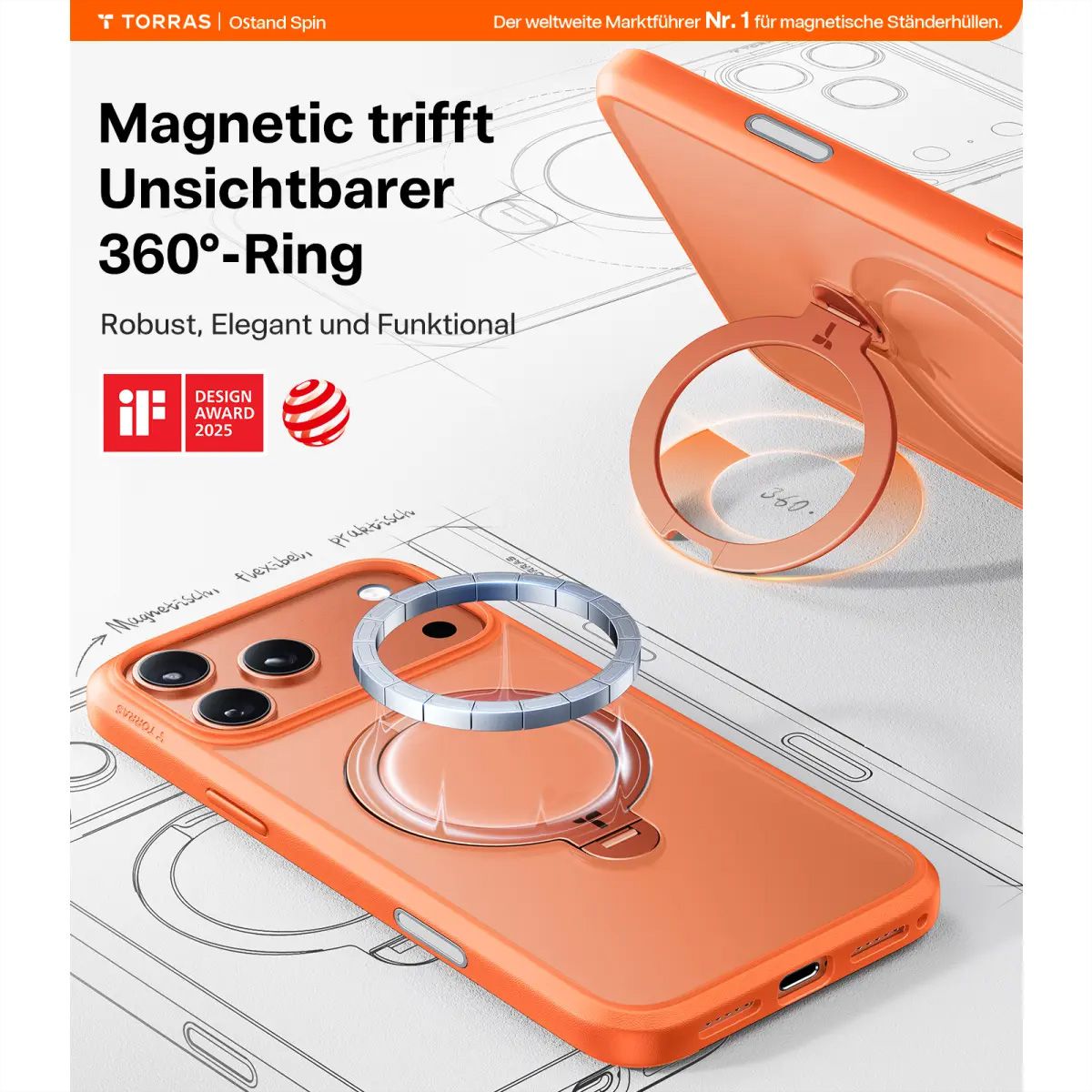 Torras UPRO Ostand Spin Case, iPhone 17 Pro Max, MagSafe, orange