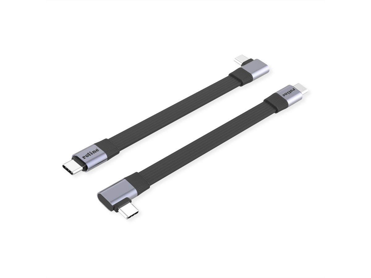 ROLINE USB4 2.0 Flachkabel, C–C, ST/ST einseitig 90°-gewinkelt, 8K UHD-2, 80Gbit/s, 240W, schwarz, 0,13 m