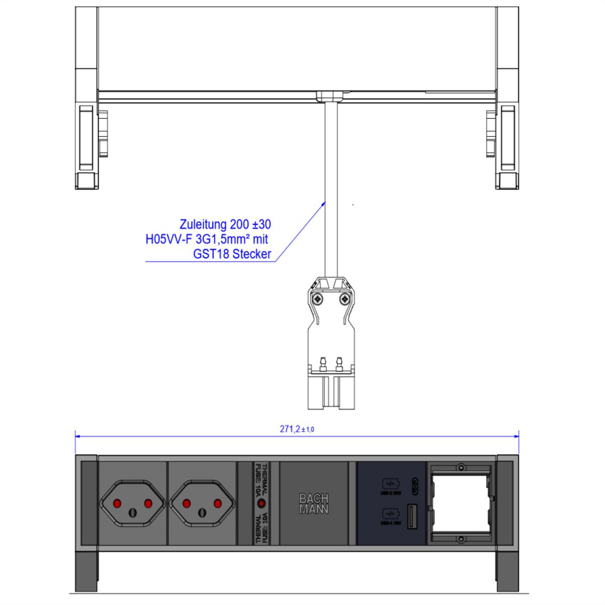 BACHMANN DESK2 2xCH 1xUSB A/C 22W 1xCM, SUISSE