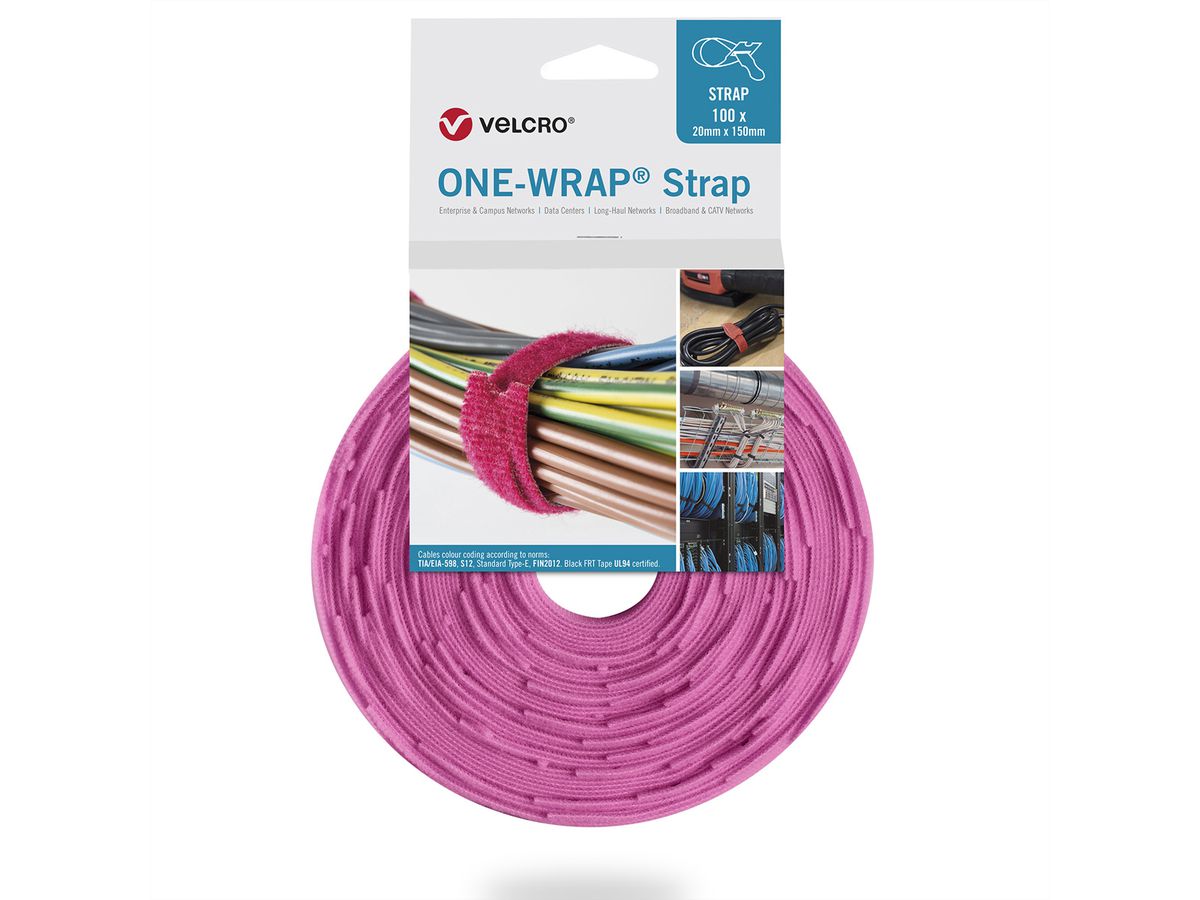 VELCRO® One Wrap® Strap 20mm x 150mm, 100 pièces, rose